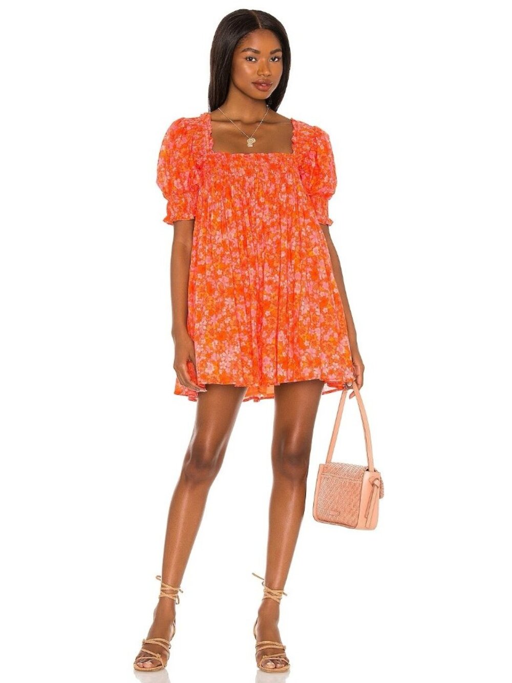 Lovers + Friends Reston Mitzy Ditsy Floral Smocked Mini Dress Orange Feminine M - Picture 2 of 11